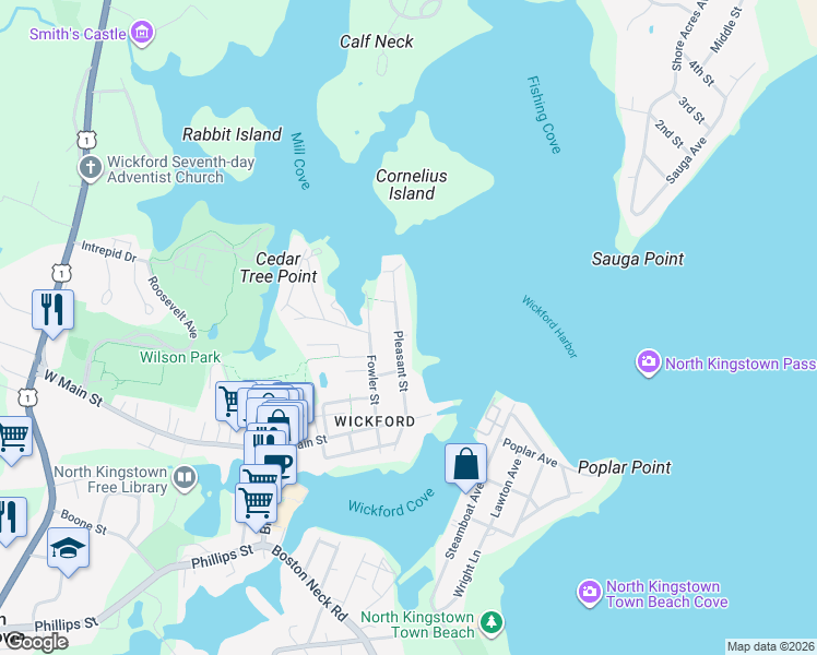 map of restaurants, bars, coffee shops, grocery stores, and more near 101 Pleasant Street in North Kingstown
