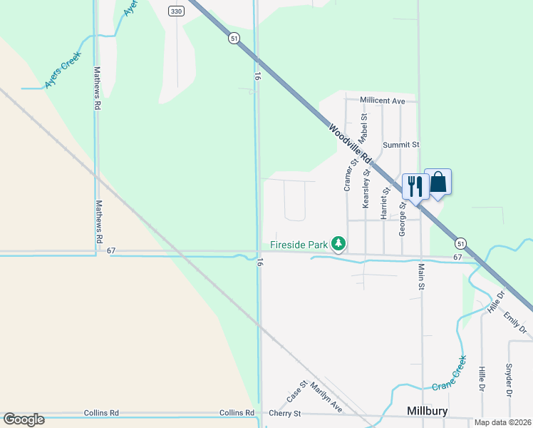 map of restaurants, bars, coffee shops, grocery stores, and more near 29150 Bradner Road in Millbury