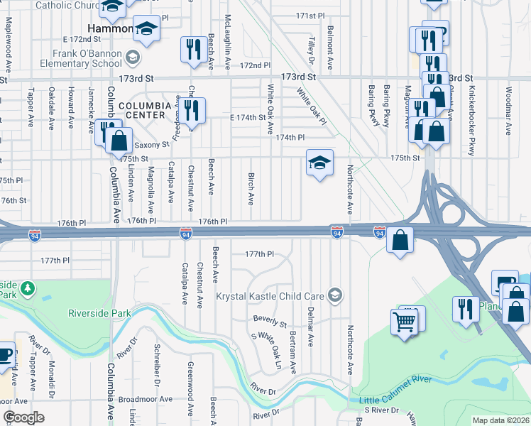 map of restaurants, bars, coffee shops, grocery stores, and more near 7622 White Oak Avenue in Hammond