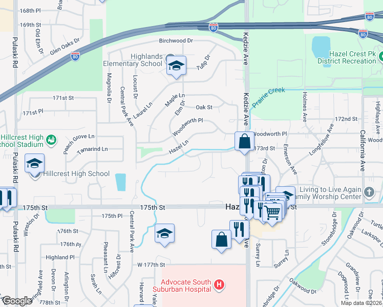 map of restaurants, bars, coffee shops, grocery stores, and more near 3320 173rd Street in Hazel Crest