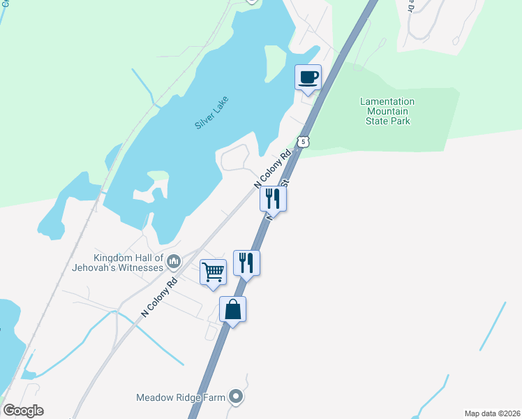 map of restaurants, bars, coffee shops, grocery stores, and more near 1655 North Colony Road in Meriden