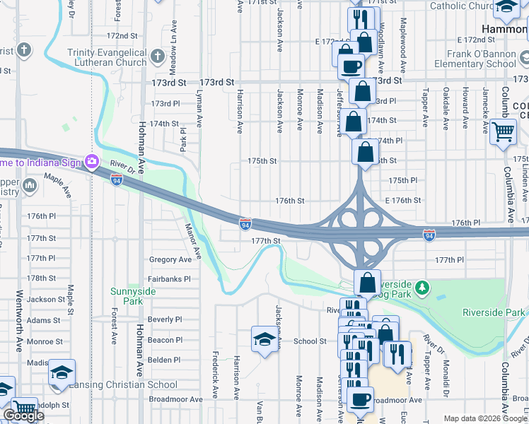 map of restaurants, bars, coffee shops, grocery stores, and more near 7604 Jackson Avenue in Hammond