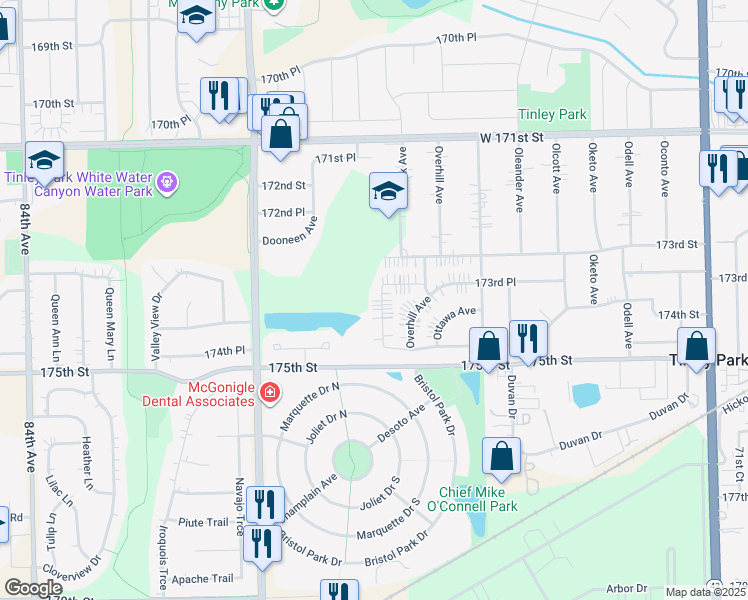 map of restaurants, bars, coffee shops, grocery stores, and more near 17331 Ozark Avenue in Tinley Park