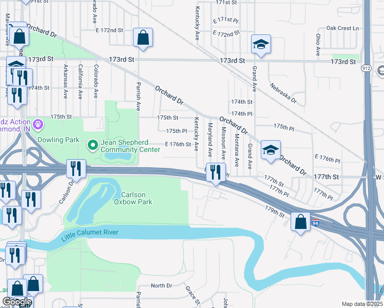map of restaurants, bars, coffee shops, grocery stores, and more near 3343 176th Place in Hammond