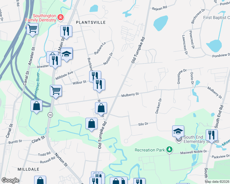map of restaurants, bars, coffee shops, grocery stores, and more near 726 Old Turnpike Road in Southington