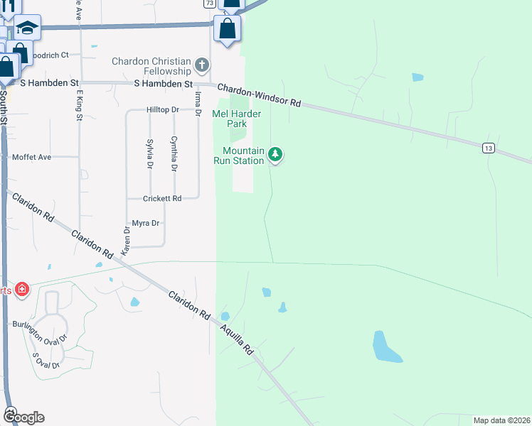 map of restaurants, bars, coffee shops, grocery stores, and more near 12601 Chardon-Windsor Road in Chardon