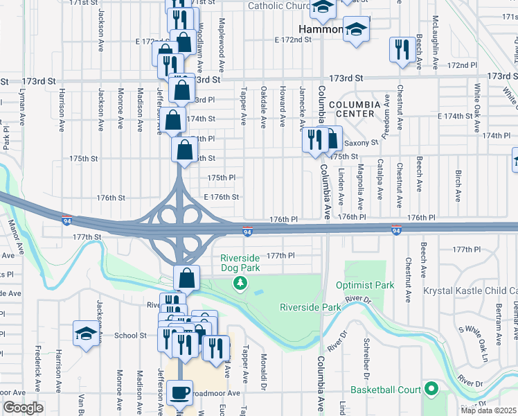 map of restaurants, bars, coffee shops, grocery stores, and more near 7616 Oakdale Avenue in Hammond