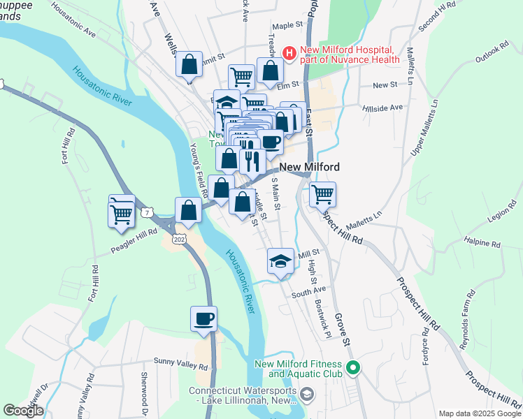 map of restaurants, bars, coffee shops, grocery stores, and more near 15 Middle Street in New Milford
