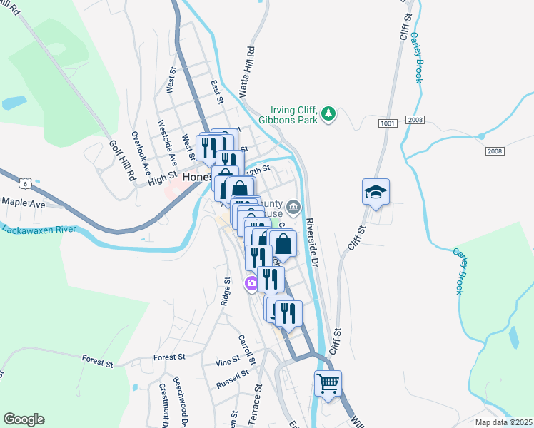 map of restaurants, bars, coffee shops, grocery stores, and more near 1000-1022 Court Street in Honesdale