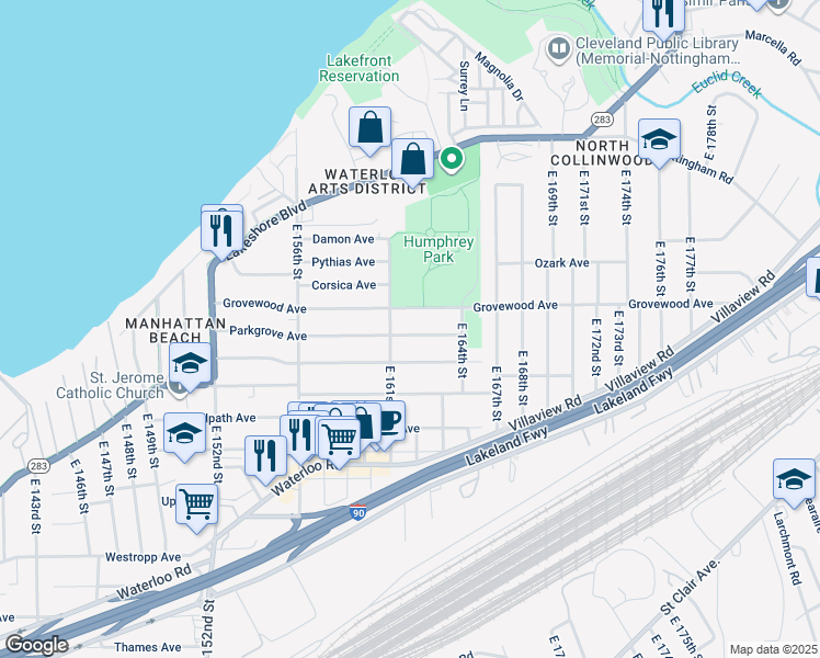 map of restaurants, bars, coffee shops, grocery stores, and more near 16206 Grovewood Avenue in Cleveland