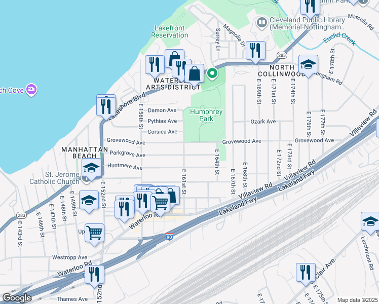 map of restaurants, bars, coffee shops, grocery stores, and more near 16020 Grovewood Avenue in Cleveland