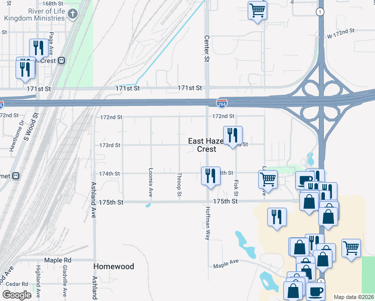 map of restaurants, bars, coffee shops, grocery stores, and more near 1223 173rd Street in Hazel Crest