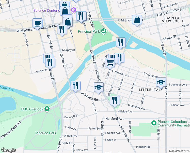map of restaurants, bars, coffee shops, grocery stores, and more near 214 Jackson Avenue in Des Moines