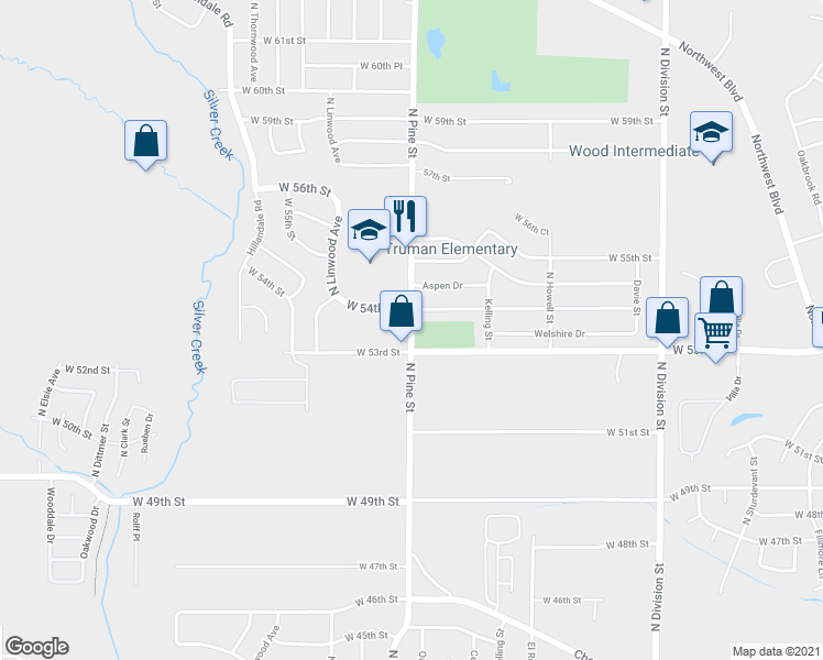 map of restaurants, bars, coffee shops, grocery stores, and more near 5324 North Pine Street in Davenport