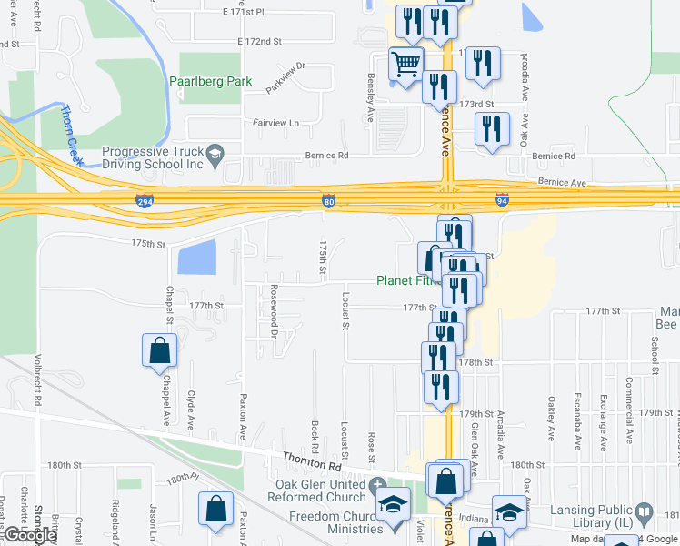 map of restaurants, bars, coffee shops, grocery stores, and more near 2210 176th Place in Lansing