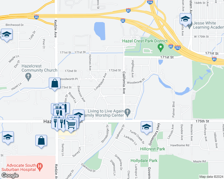 map of restaurants, bars, coffee shops, grocery stores, and more near 2817 173rd Street in Hazel Crest