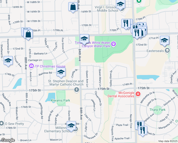 map of restaurants, bars, coffee shops, grocery stores, and more near 17317 Queen Ann Lane in Tinley Park