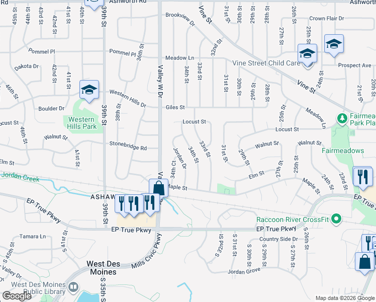 map of restaurants, bars, coffee shops, grocery stores, and more near 401 Jordan Drive in West Des Moines