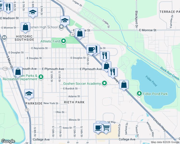 map of restaurants, bars, coffee shops, grocery stores, and more near 906 S 15th St in Goshen