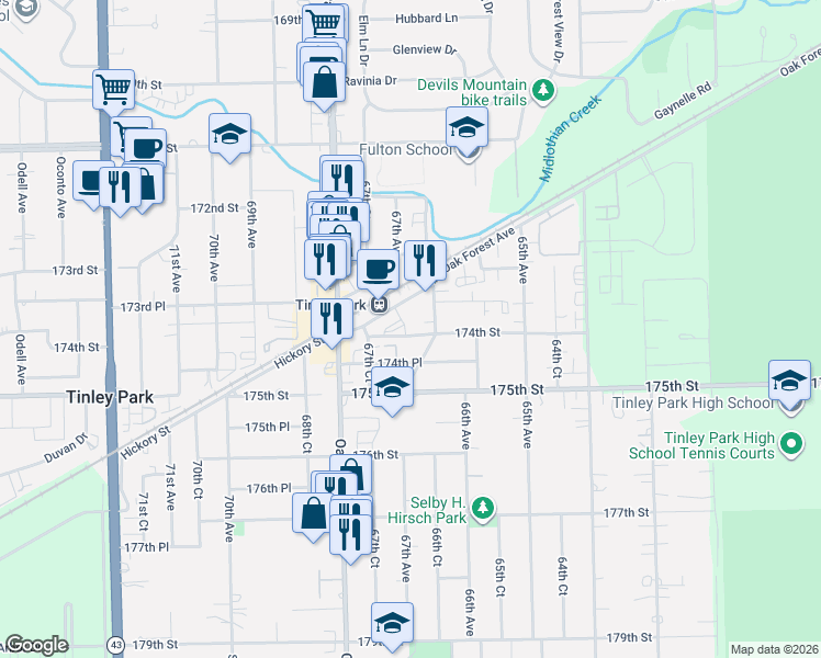 map of restaurants, bars, coffee shops, grocery stores, and more near 6669 South Street in Tinley Park
