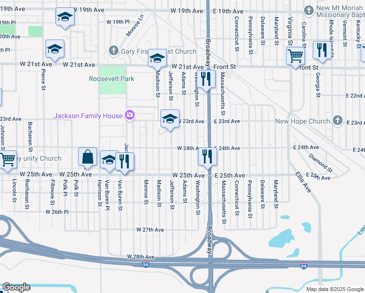 map of restaurants, bars, coffee shops, grocery stores, and more near 2364 Adams Street in Gary