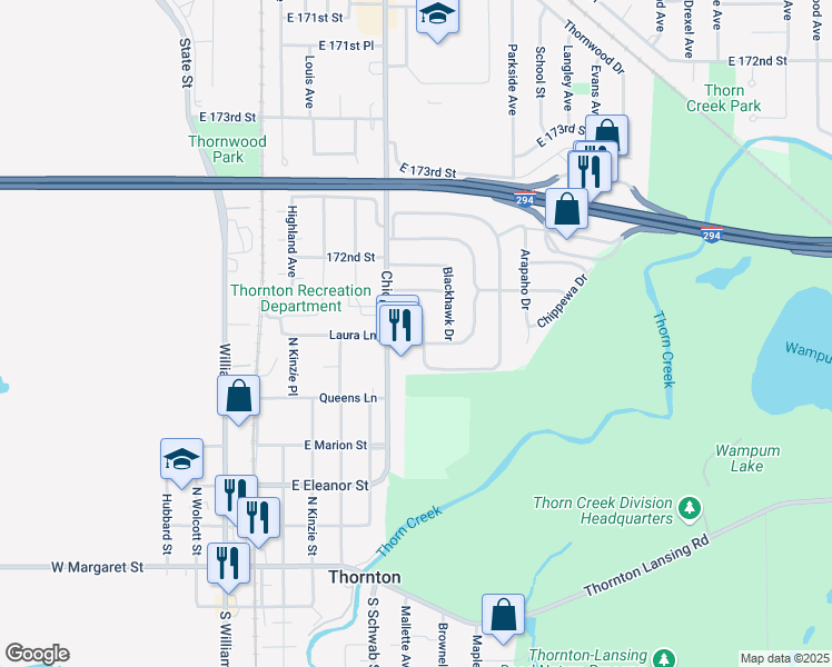 map of restaurants, bars, coffee shops, grocery stores, and more near 144 Indianwood Drive in Thornton