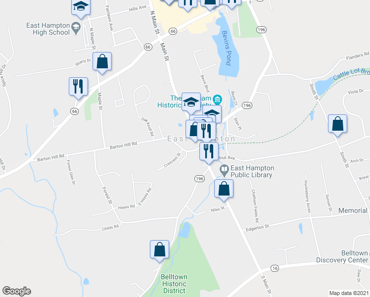 map of restaurants, bars, coffee shops, grocery stores, and more near 14 Barton Hill Road in East Hampton