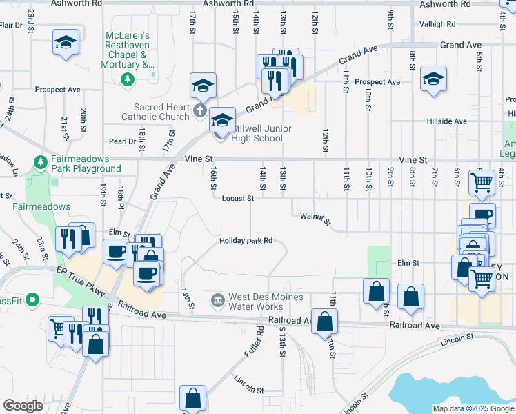 map of restaurants, bars, coffee shops, grocery stores, and more near 1402 Locust Street in West Des Moines