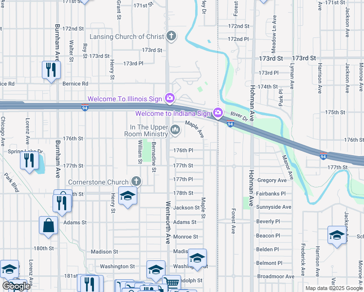 map of restaurants, bars, coffee shops, grocery stores, and more near 17537 Shirley Drive in Lansing