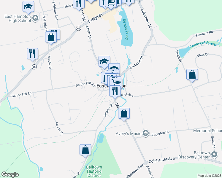 map of restaurants, bars, coffee shops, grocery stores, and more near 82 Main Street in East Hampton