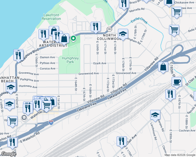 map of restaurants, bars, coffee shops, grocery stores, and more near 16818 Grovewood Avenue in Cleveland