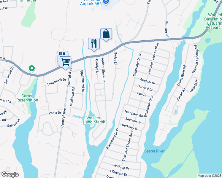 map of restaurants, bars, coffee shops, grocery stores, and more near 41 Sadys Lane in Falmouth