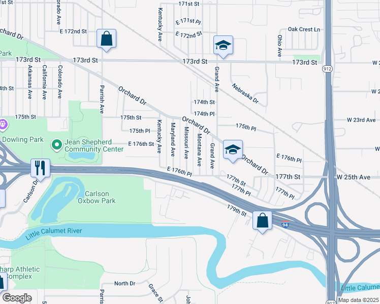 map of restaurants, bars, coffee shops, grocery stores, and more near 7609 Missouri Avenue in Hammond