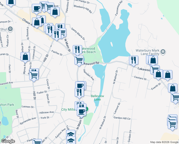 map of restaurants, bars, coffee shops, grocery stores, and more near 72 Hamden Avenue in Waterbury