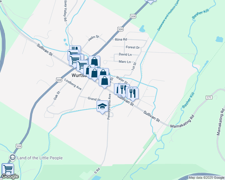 map of restaurants, bars, coffee shops, grocery stores, and more near 98 Sullivan Street in Wurtsboro