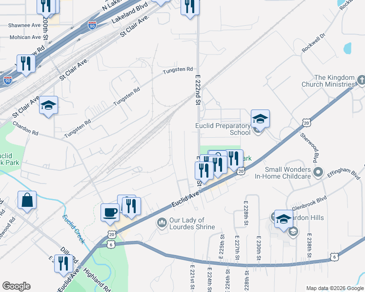 map of restaurants, bars, coffee shops, grocery stores, and more near 1422 East 221st Street in Euclid