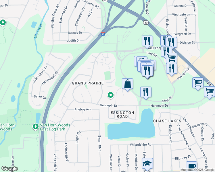 map of restaurants, bars, coffee shops, grocery stores, and more near 2937 Woodside Drive in Joliet
