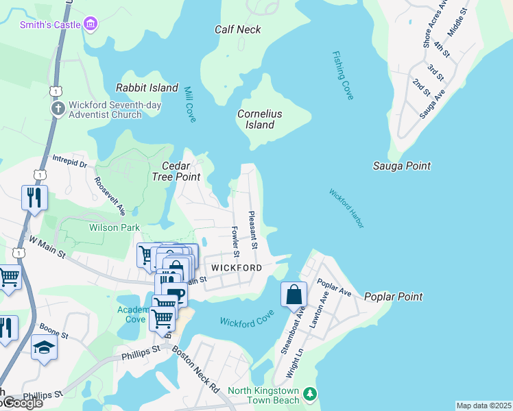 map of restaurants, bars, coffee shops, grocery stores, and more near 101 Pleasant Street in North Kingstown
