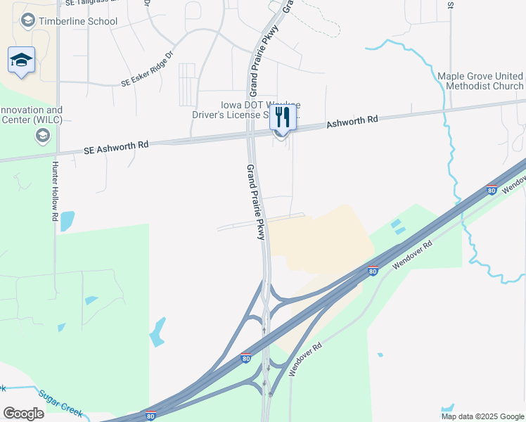 map of restaurants, bars, coffee shops, grocery stores, and more near Grand Prairie Parkway in Waukee