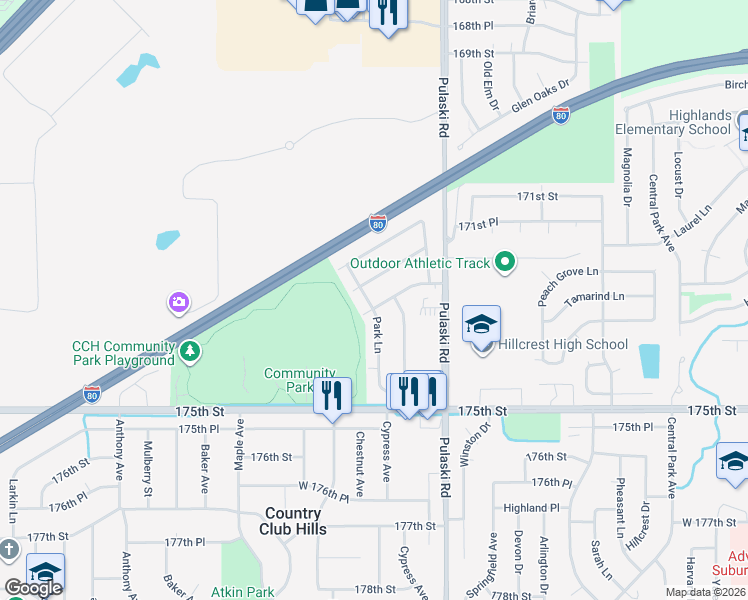 map of restaurants, bars, coffee shops, grocery stores, and more near 17241 Park Lane in Country Club Hills