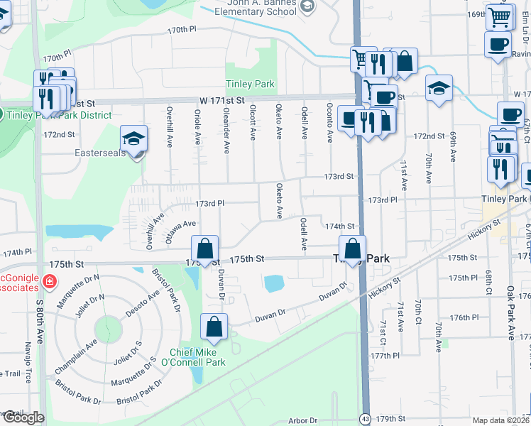 map of restaurants, bars, coffee shops, grocery stores, and more near 7431 173rd Place in Tinley Park