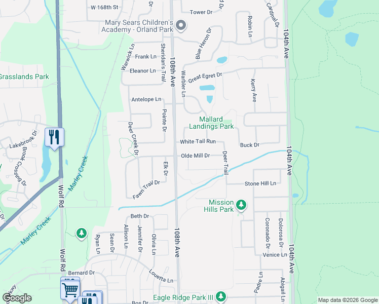 map of restaurants, bars, coffee shops, grocery stores, and more near 10745 White Tail Run in Orland Park