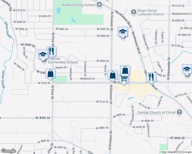 map of restaurants, bars, coffee shops, grocery stores, and more near 1803 West 54th Street in Davenport
