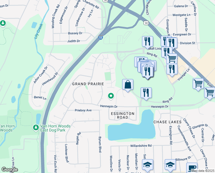 map of restaurants, bars, coffee shops, grocery stores, and more near 2937 Woodside Drive in Joliet