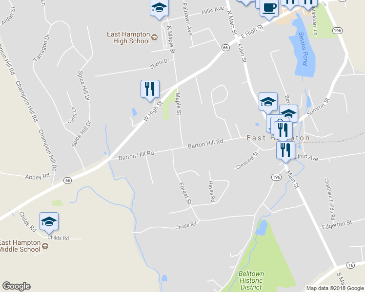 map of restaurants, bars, coffee shops, grocery stores, and more near 11 Maple Street in East Hampton