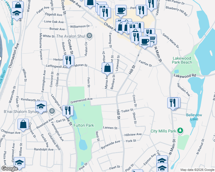 map of restaurants, bars, coffee shops, grocery stores, and more near 47 Myrna Avenue in Waterbury