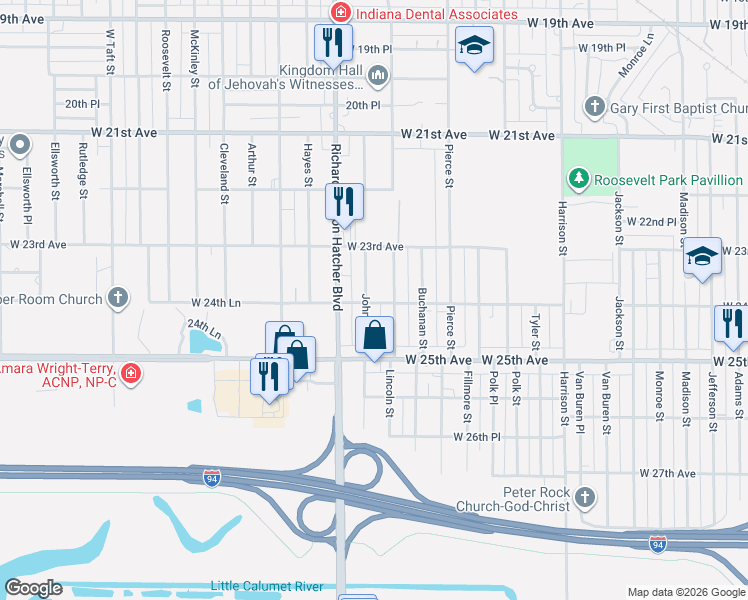map of restaurants, bars, coffee shops, grocery stores, and more near 2372 Lincoln Street in Gary