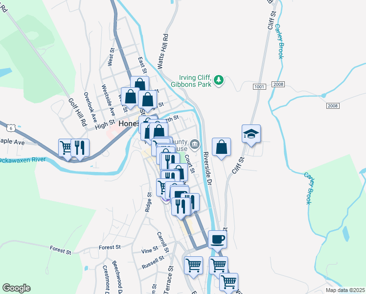 map of restaurants, bars, coffee shops, grocery stores, and more near 1000 Court Street in Honesdale