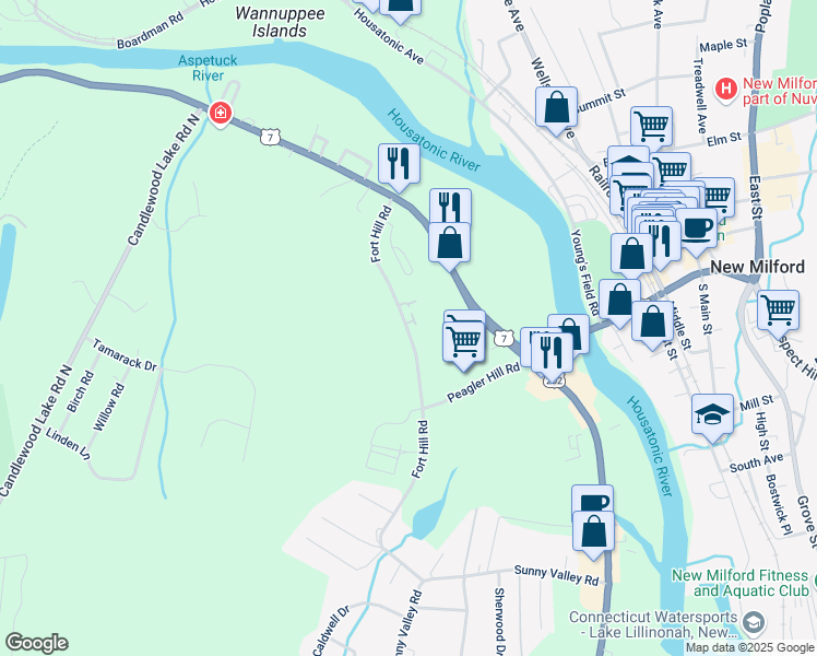 map of restaurants, bars, coffee shops, grocery stores, and more near 70 Fort Hill Road in New Milford