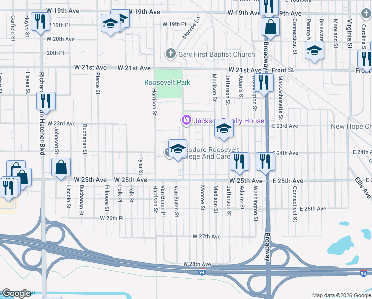 map of restaurants, bars, coffee shops, grocery stores, and more near 2378 Jackson Street in Gary